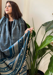 Lite Teal Handwoven Bhujodi Shawl in Pure Tussar and Wool