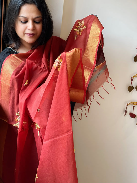 Chanderi Silk Dupatta with Ikat Pallu, Kantha Stitch and Knot Handwork