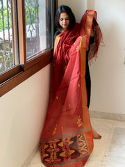Chanderi Silk Dupatta with Ikat Pallu, Kantha Stitch and Knot Handwork