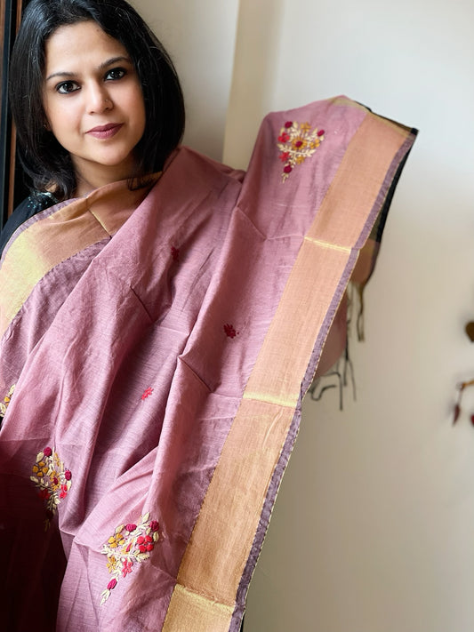 Chanderi Silk Dupatta with Ikat Pallu, Kantha Stitch and Knot Handwork