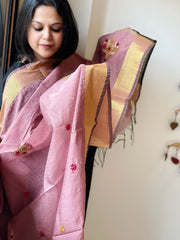 Chanderi Silk Dupatta with Ikat Pallu, Kantha Stitch and Knot Handwork