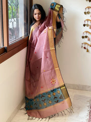 Chanderi Silk Dupatta with Ikat Pallu, Kantha Stitch and Knot Handwork