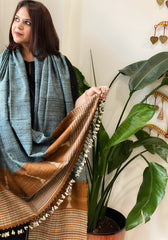 Greenish Blue Handwoven Bhujodi Shawl in Pure Tussar and Wool