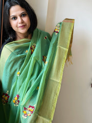 Chanderi Silk Dupatta with Ikat Pallu, Kantha Stitch and Knot Handwork