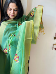 Chanderi Silk Dupatta with Ikat Pallu, Kantha Stitch and Knot Handwork