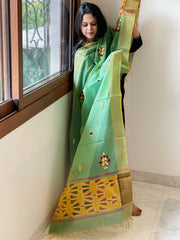 Chanderi Silk Dupatta with Ikat Pallu, Kantha Stitch and Knot Handwork