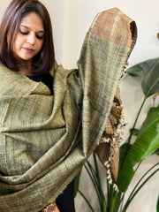 Green Handwoven Bhujodi Shawl in Pure Tussar and Wool