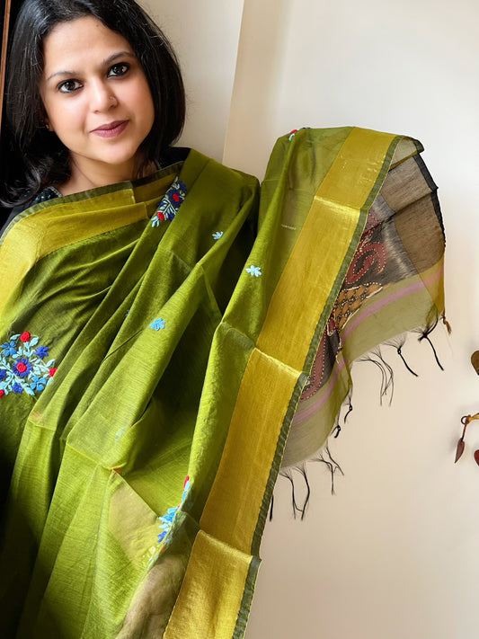 Chanderi Silk Dupatta with Ikat Pallu, Kantha Stitch and Knot Handwork