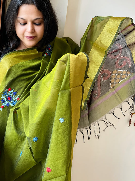 Chanderi Silk Dupatta with Ikat Pallu, Kantha Stitch and Knot Handwork