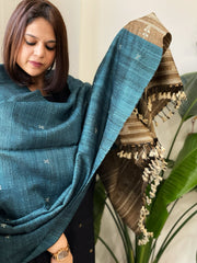 Teal Handwoven Bhujodi Shawl in Pure Tussar and Wool
