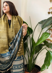 Leaf Green Handwoven Bhujodi Shawl in Pure Tussar and Wool