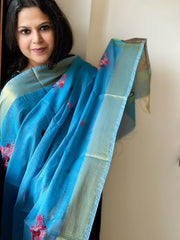 Chanderi Silk Dupatta with Ikat Pallu, Kantha Stitch and Knot Handwork
