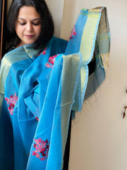 Chanderi Silk Dupatta with Ikat Pallu, Kantha Stitch and Knot Handwork