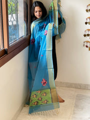 Chanderi Silk Dupatta with Ikat Pallu, Kantha Stitch and Knot Handwork