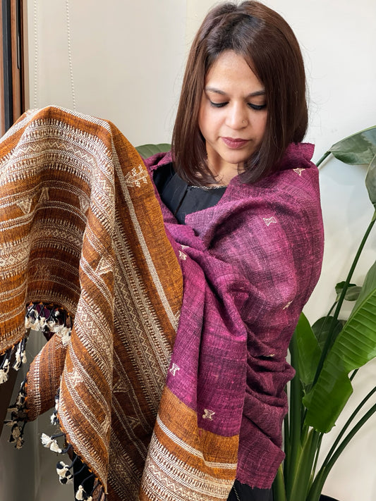 Pink Handwoven Bhujodi Shawl in Pure Tussar and Wool
