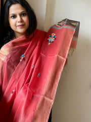 Chanderi Silk Dupatta with Ikat Pallu, Kantha Stitch and Knot Handwork