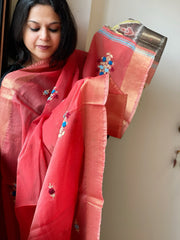 Chanderi Silk Dupatta with Ikat Pallu, Kantha Stitch and Knot Handwork