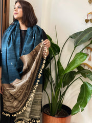 Teal Handwoven Bhujodi Shawl in Pure Tussar and Wool