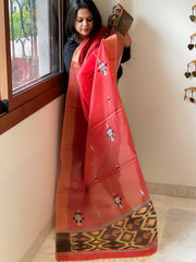 Chanderi Silk Dupatta with Ikat Pallu, Kantha Stitch and Knot Handwork