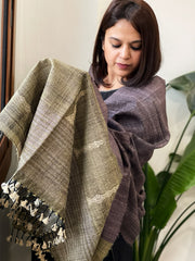 Greyish Purple Handwoven Bhujodi Shawl in Pure Tussar and Wool