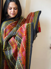 Black, Red Handmade Kantha Dupatta in Silk