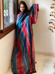 Green, Blue Handmade Kantha Dupatta in Silk