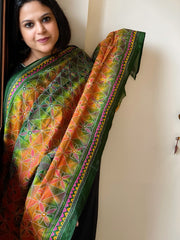 Green, Mustard Handmade Kantha Dupatta in Silk
