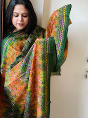 Green, Mustard Handmade Kantha Dupatta in Silk