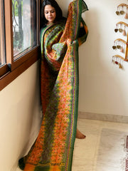 Green, Mustard Handmade Kantha Dupatta in Silk