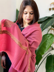 Carrot Pink Woven Pashmina Shawl with Thread Embroidery