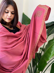Carrot Pink Woven Pashmina Shawl with Thread Embroidery