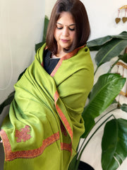 Leaf Green Woven Pashmina Shawl with Thread Embroidery