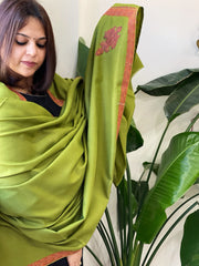 Leaf Green Woven Pashmina Shawl with Thread Embroidery