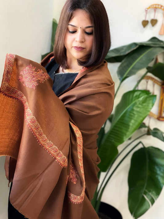 Chocolate Brown Woven Pashmina Shawl with Thread Embroidery