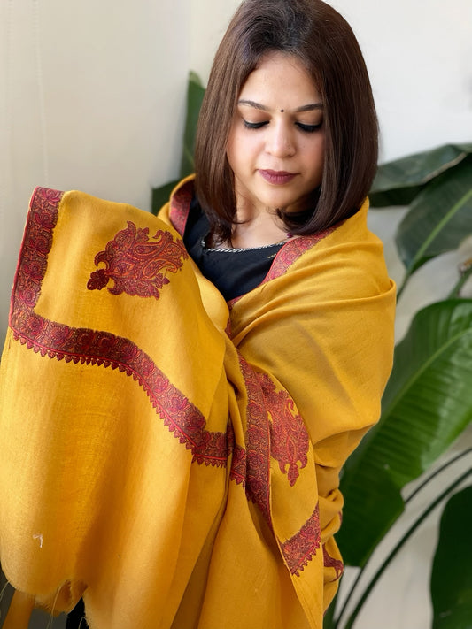 Mustard Woven Pashmina Shawl with Thread Embroidery