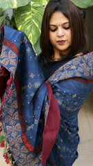 Blue Ajrakh Handblock Printed Silk-Woollen Shawl