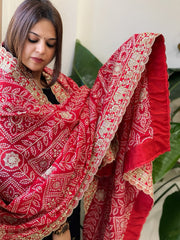 Red Printed Bandhej Dupatta with Heavy Cut Daana and Sequin Embroidery in Chinon Satin