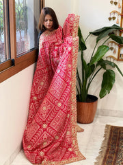Red Printed Bandhej Dupatta with Heavy Cut Daana and Sequin Embroidery in Chinon Satin