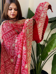 Red Printed Bandhej Dupatta with Heavy Cut Daana and Sequin Embroidery in Chinon Satin