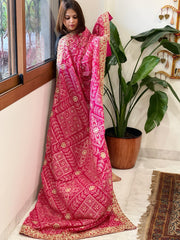 Pink Printed Bandhej Dupatta with Heavy Cut Daana and Sequin Embroidery in Chinon Satin