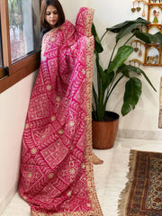 Pink Printed Bandhej Dupatta with Heavy Cut Daana and Sequin Embroidery in Chinon Satin