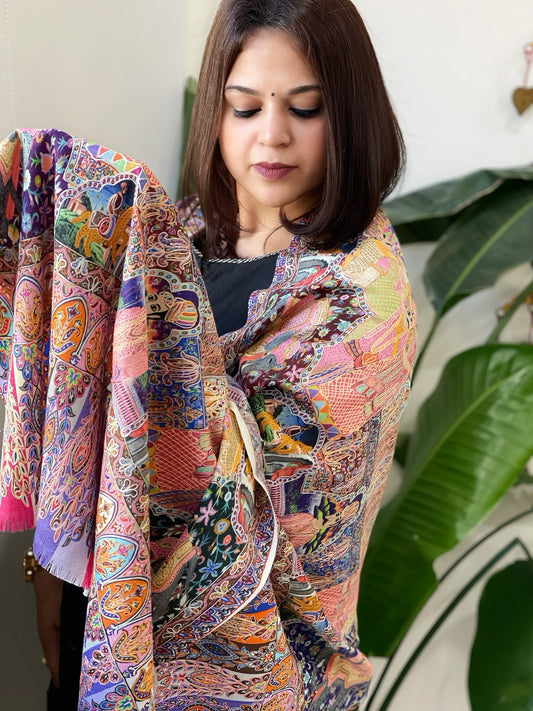 Woven Pashmina Kalamkari Stole with Embroidery