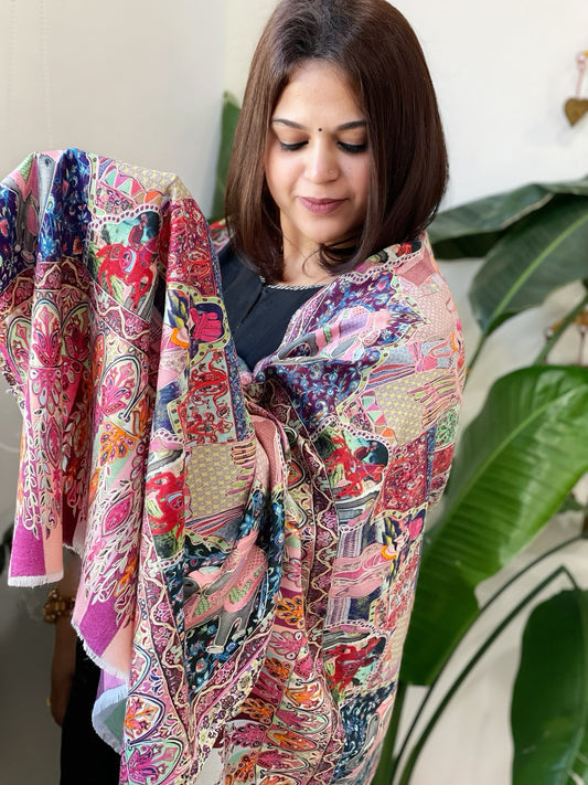 Woven Pashmina Kalamkari Stole with Embroidery