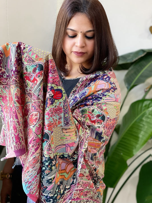 Woven Pashmina Kalamkari Stole with Embroidery