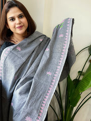 Grey Handmade Kantha Dupatta in Pure Cotton