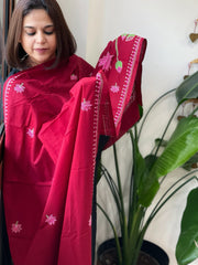 Deep Red Handmade Kantha Dupatta in Pure Cotton