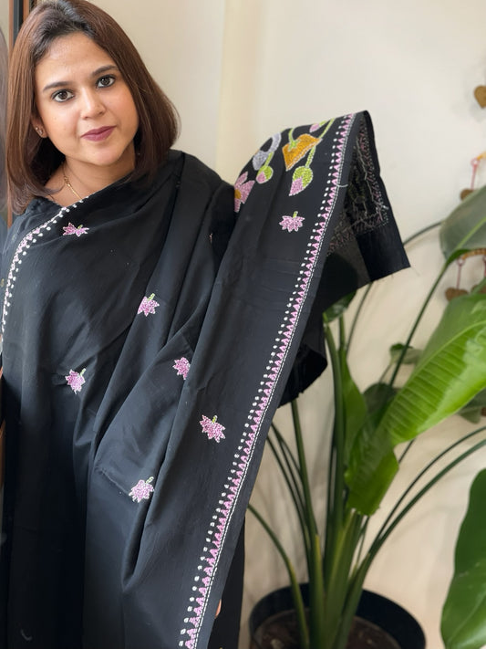 Black Handmade Kantha Dupatta in Pure Cotton