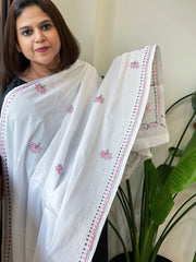 White Handmade Kantha Dupatta in Pure Cotton
