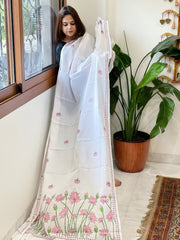 White Handmade Kantha Dupatta in Pure Cotton