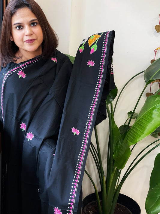 Black Handmade Kantha Dupatta in Pure Cotton